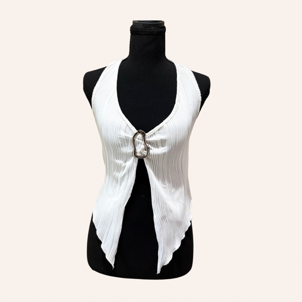 Third & Chart White Ribbed Halter Crop Top with Metal Ring Detail